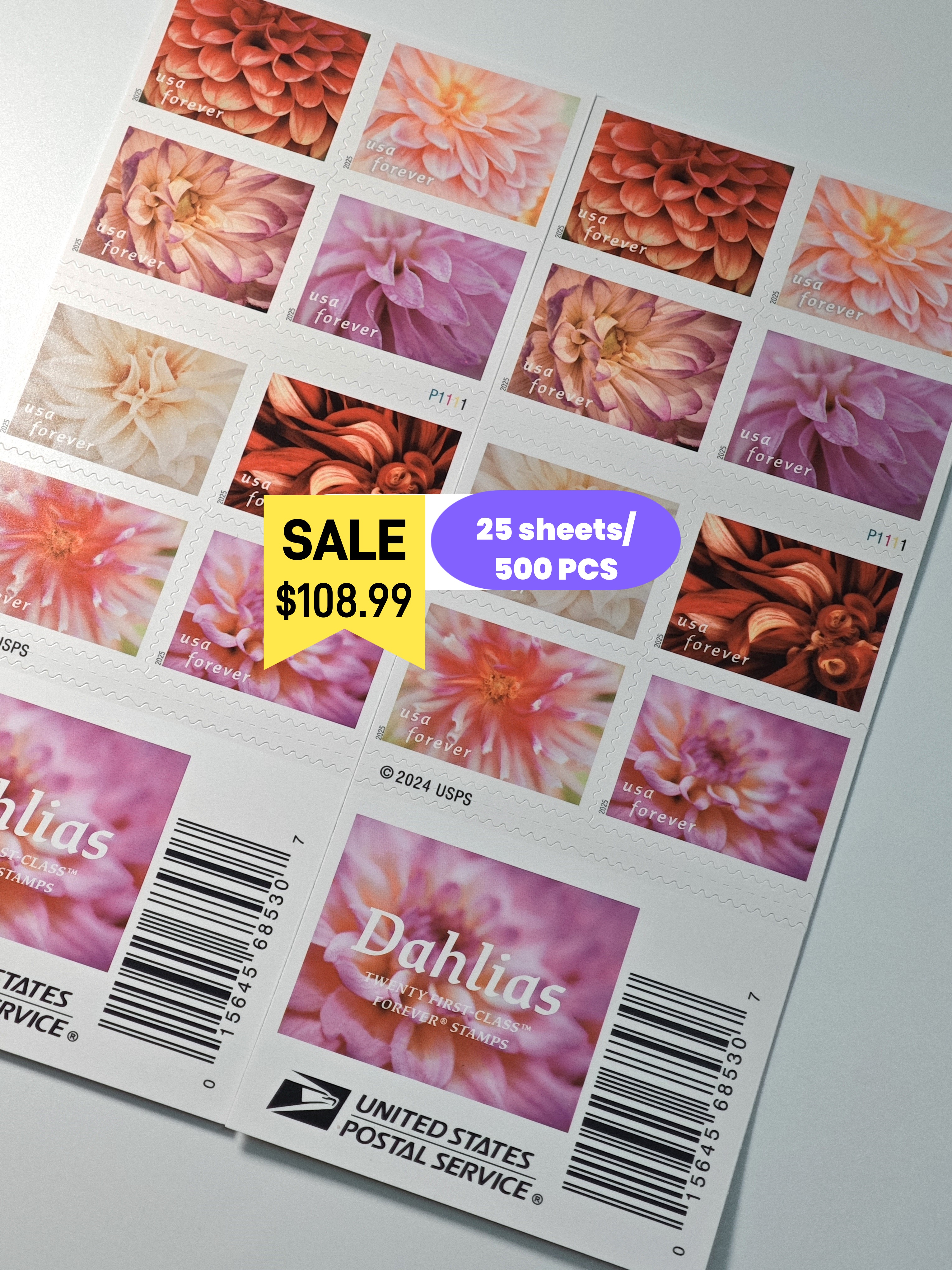 2025 Forever Stamps Dahlias Stamps 500 pcs - Forever Stamps